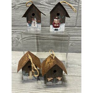 Rustic Wooden Bird Houses 4 Christmas Ornaments Metal Roof Crazy Mountain